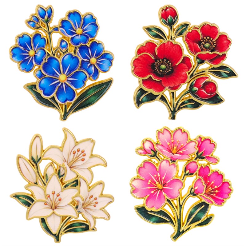 Vintage Item - Niedliche Vintage Bunte Blumen-Emaille-Anstecknadel Lilie Kirsche
